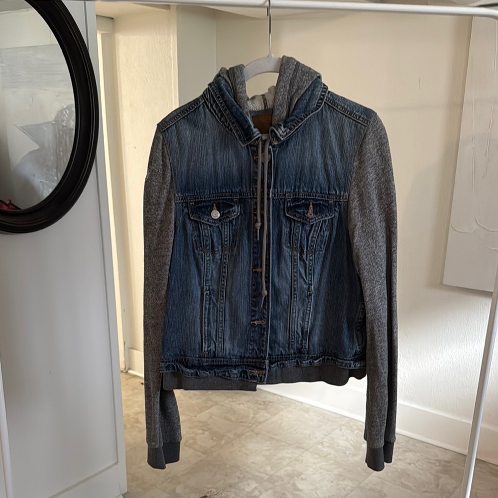American Eagle Outfitters Blue Jean Jacket with Gray Sleeves